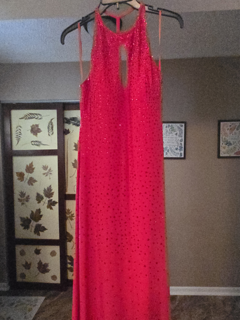 Betsy & Adam Ruby Red Beaded Halter Gown